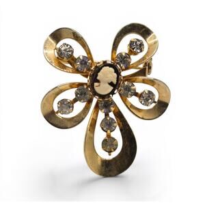 Vintage Cameo Rhinestone Brooch Gold Tone Mid Century Floral Pin